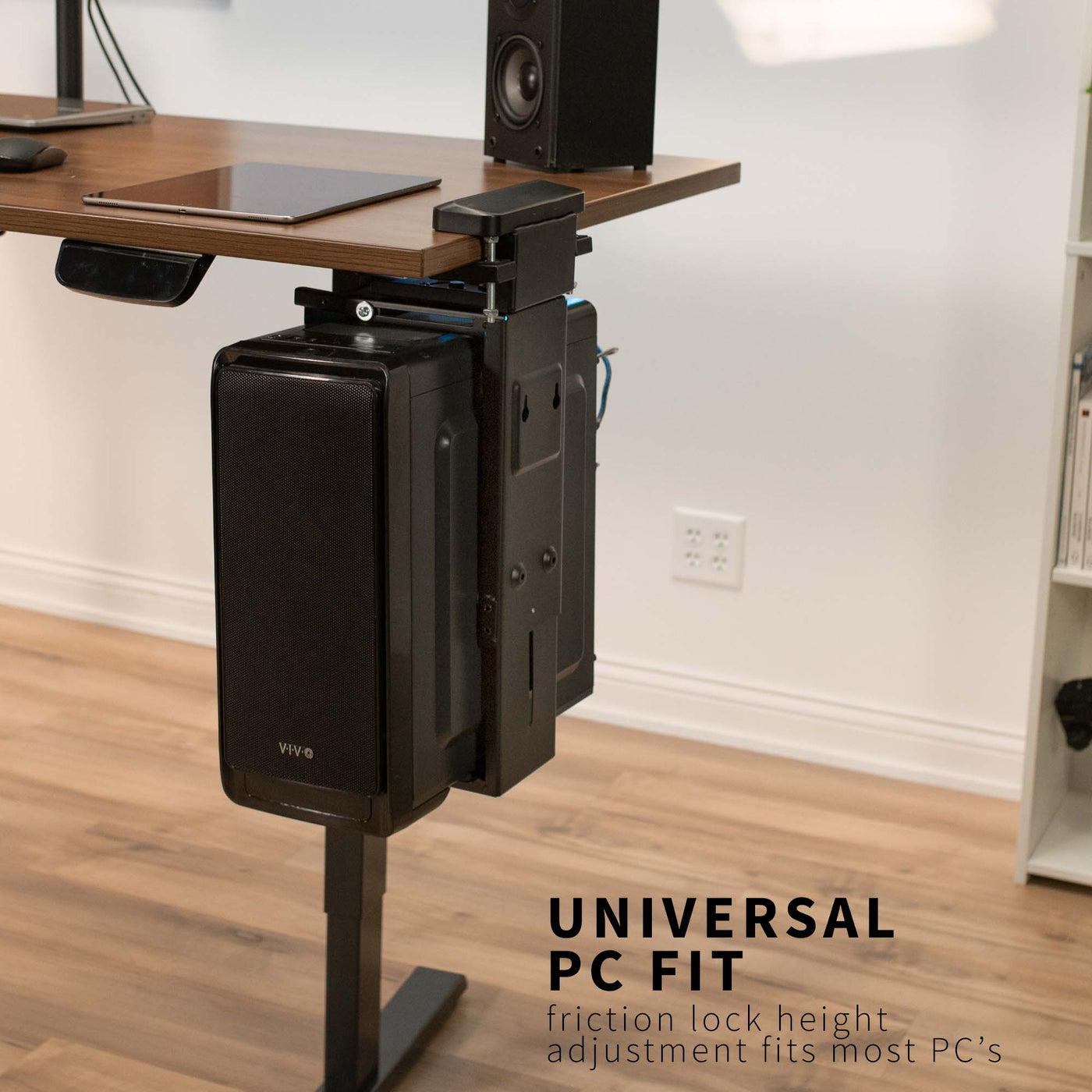Sturdy clamp-on mount computer holder with universal PC fit.