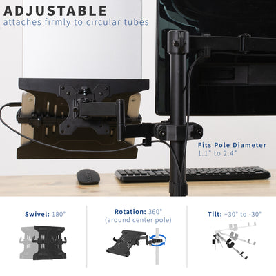 Fully adjustable arm mount with swivel, rotation, and tilt action.