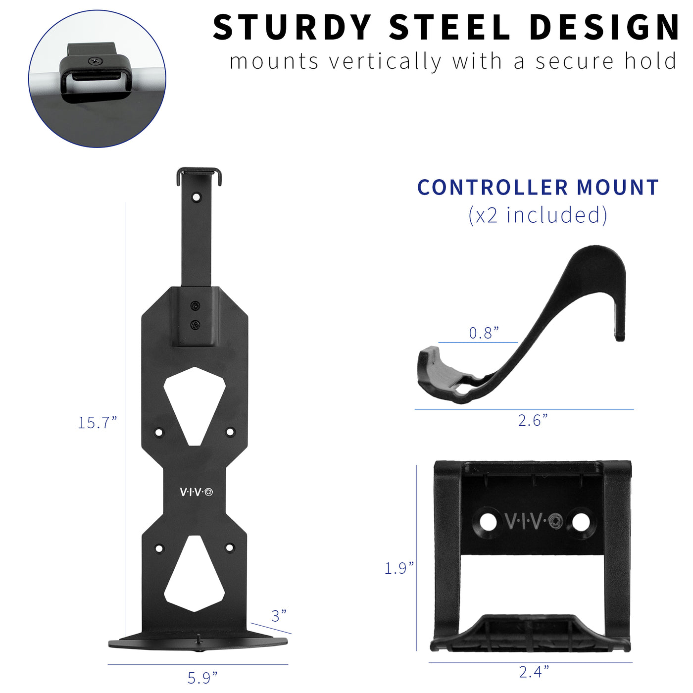 Study steel structure to securely hold gaming systems and two controllers.