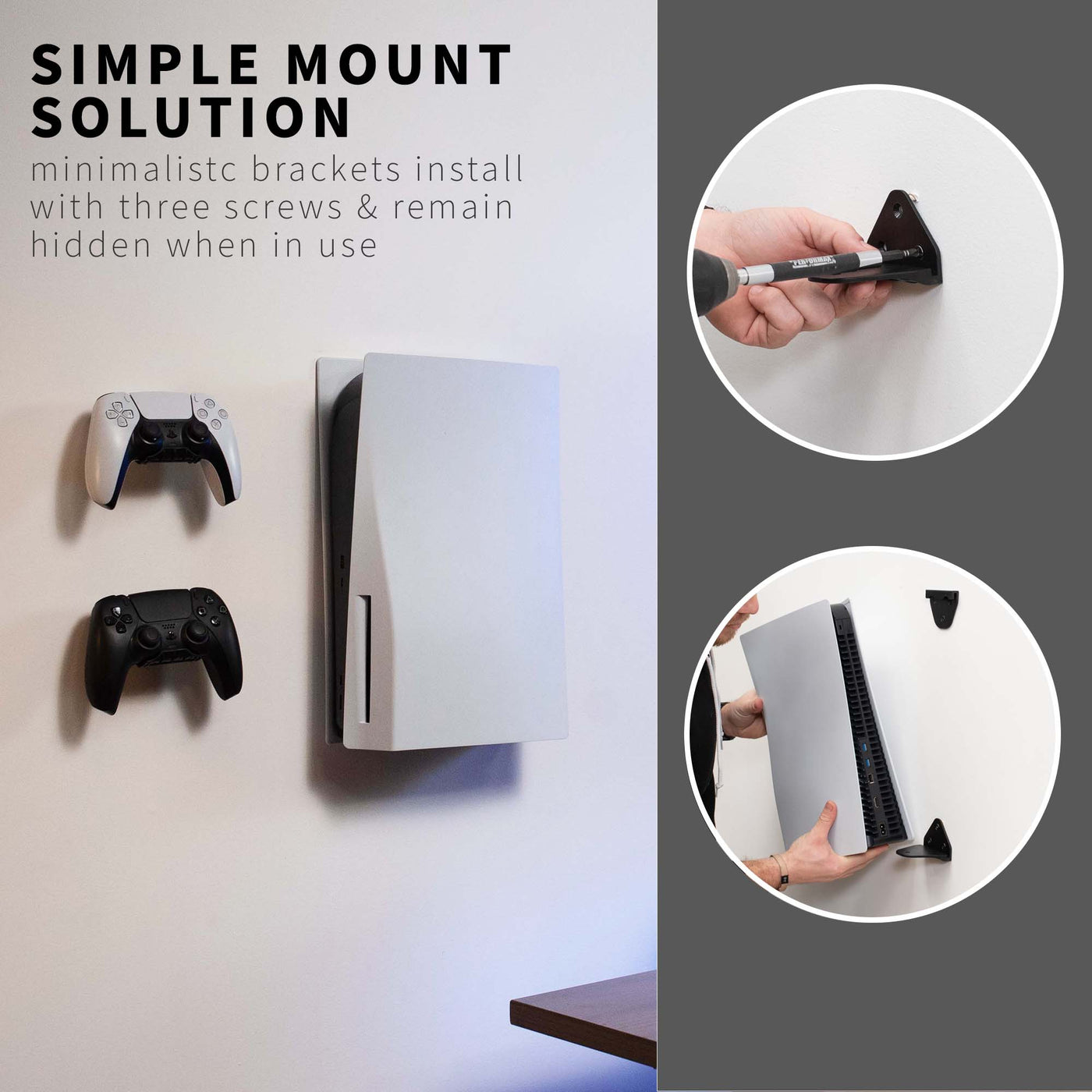 Simple mounting 2 in 1 wall and desk mounts for PS5 plus 2 controller mounts.