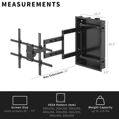TV Wall mount that sits 3.5 inches into the wall with standard VESA patterns and heft weight capacity compatible with most of the TVs on the market.