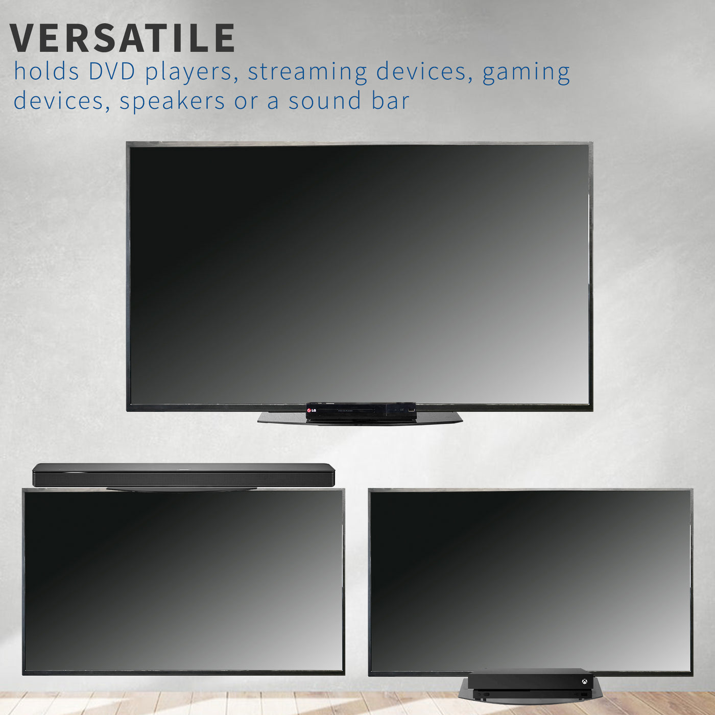 Versatile VESA-compatible shelf elevates gaming stations, streaming devices, soundbars, speakers, and more.