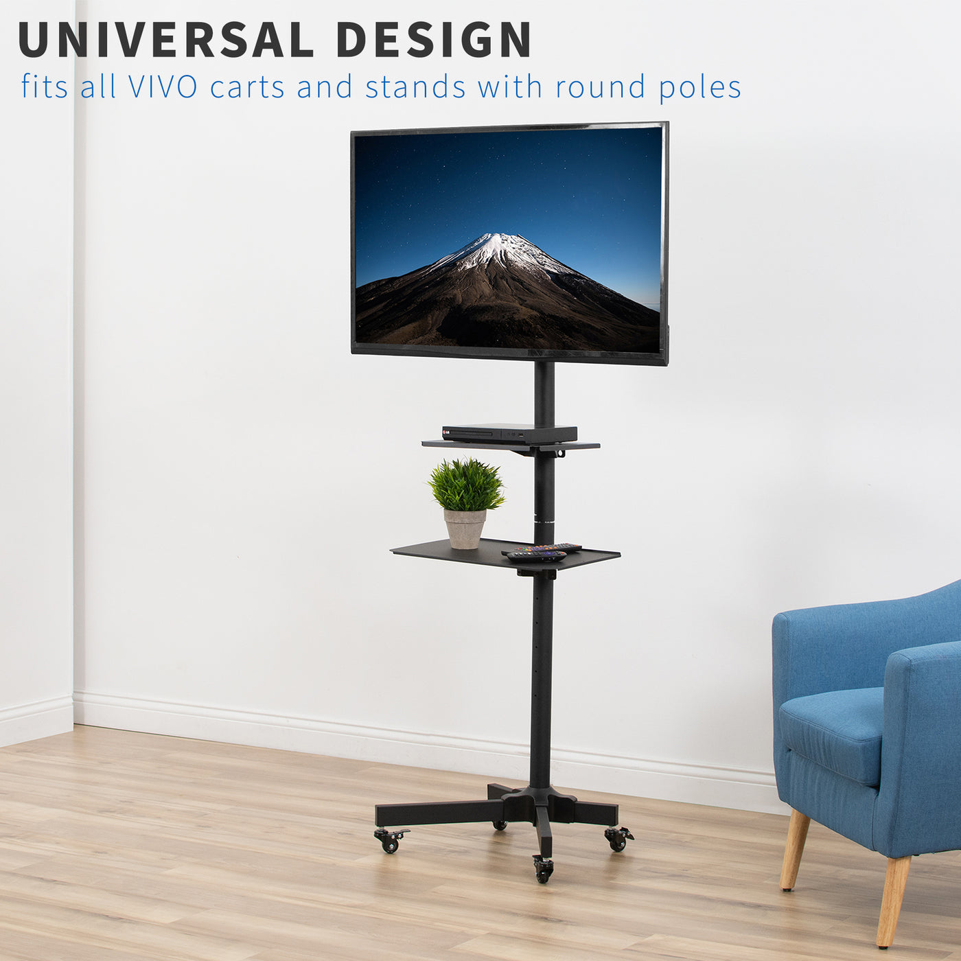 Universal design that can be attached to a variety of poles including TV stand poles.