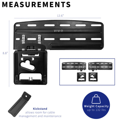 Measurements and a hefty weight capacity of a TV mount with a featured kickstand.