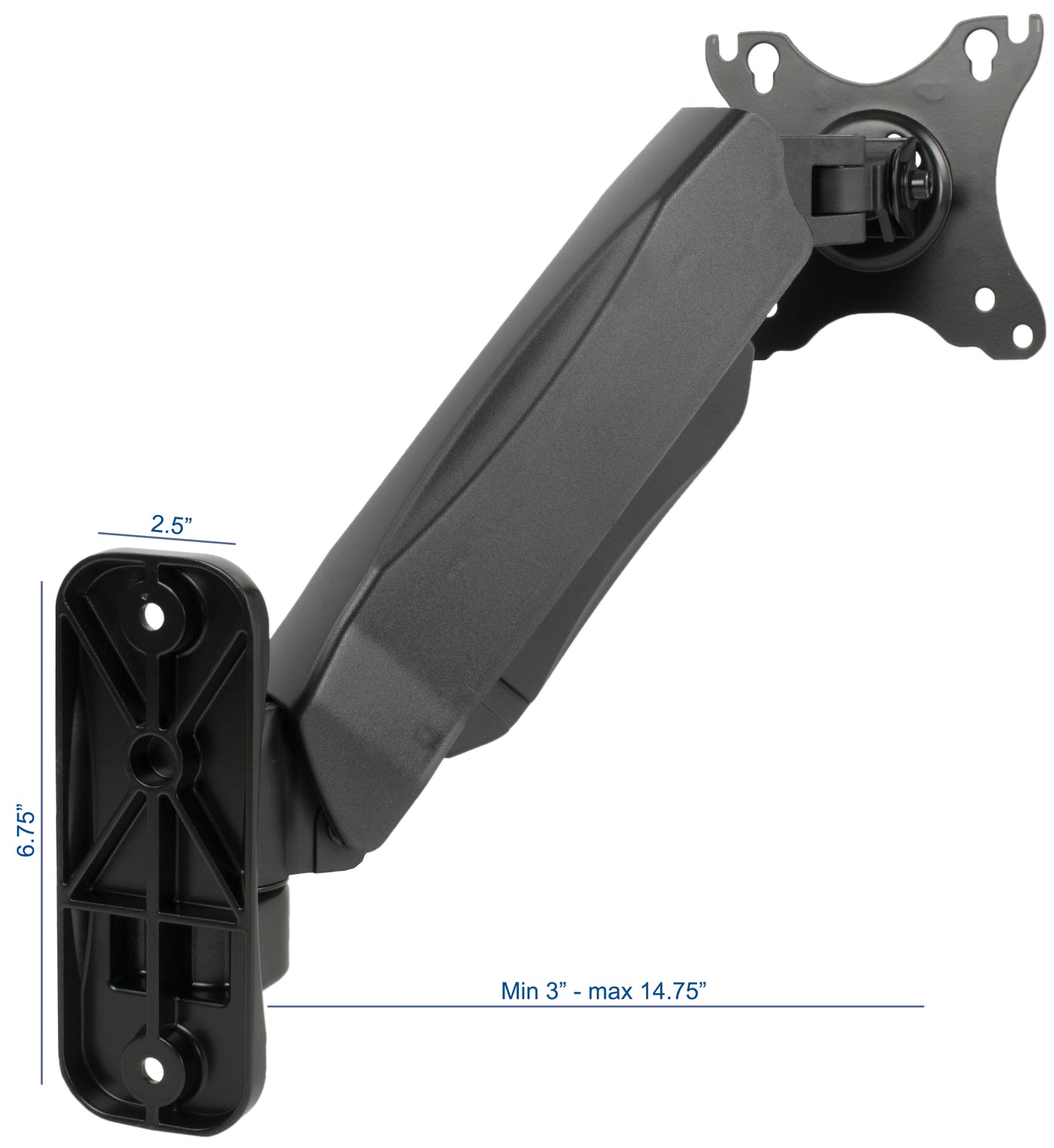 Dimensions and specification or length width and height of monitor arm wall mount.