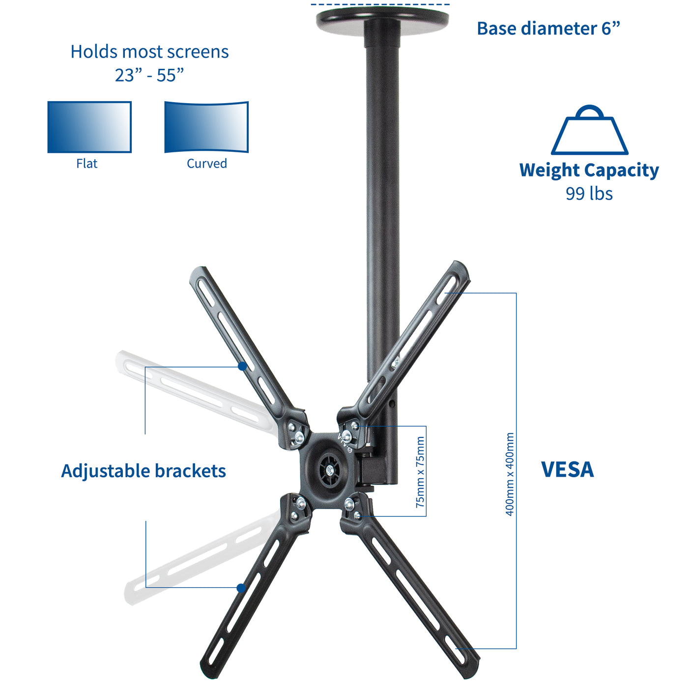 Heavy-duty height adjustable TV ceiling mount with adjustable VESA brackets.