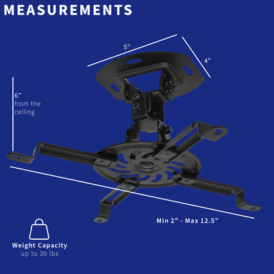 Measurements of sturdy projector mount with heft weight support holding most projectors on the market.