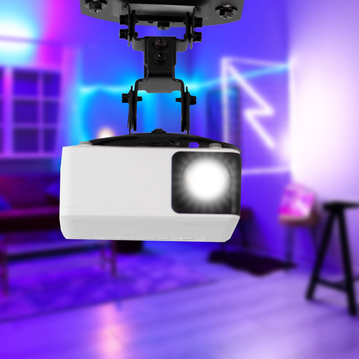 Modern studio with a ceiling projector mount.