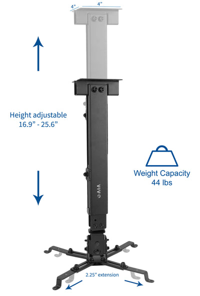 Center pole of the mount is height adjustable while supporting up to 44-pound projectors. 