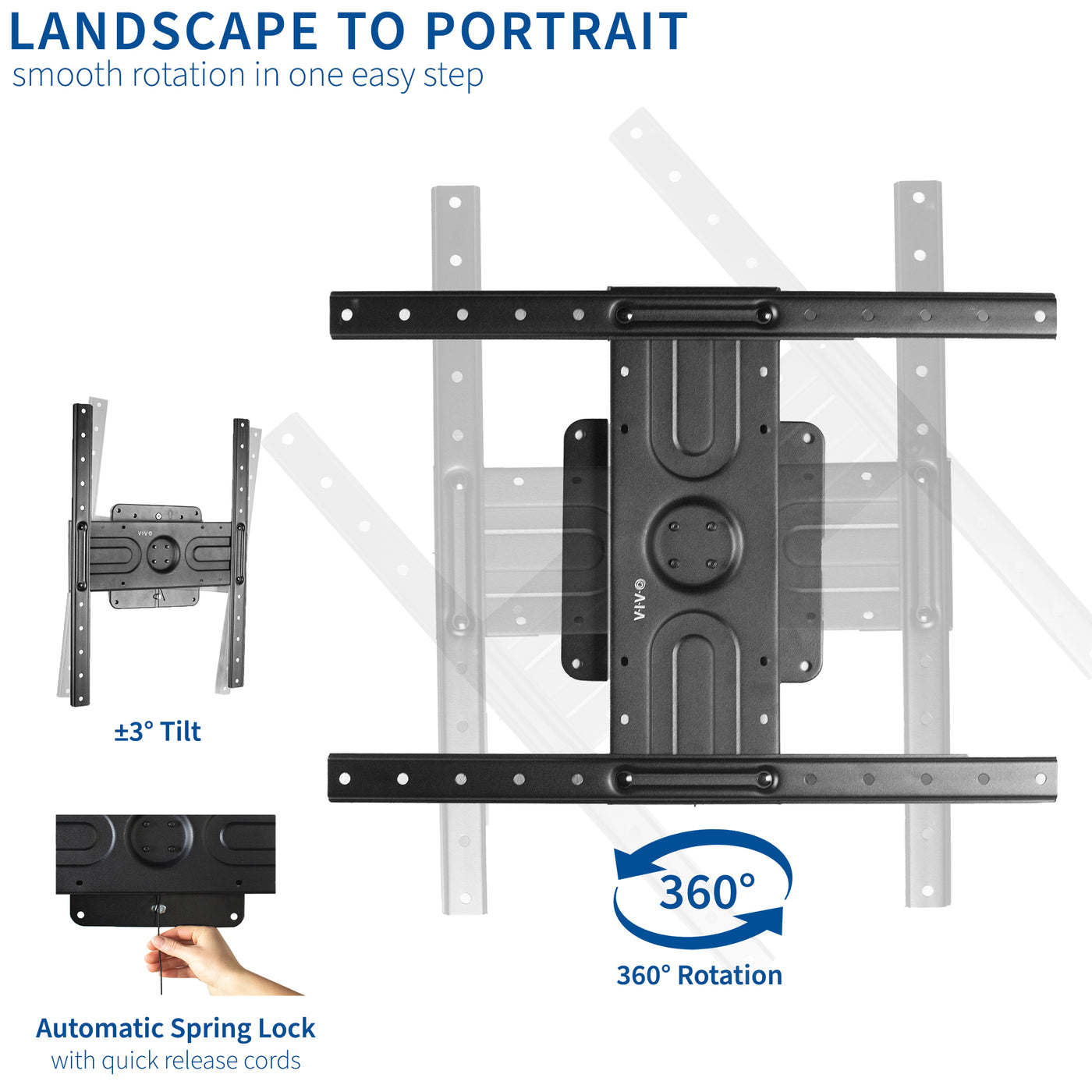 TV mount with a three hundred and sixty-degree rotation to display your TV horizontally or vertically while locking the position of the screen into place for TV security