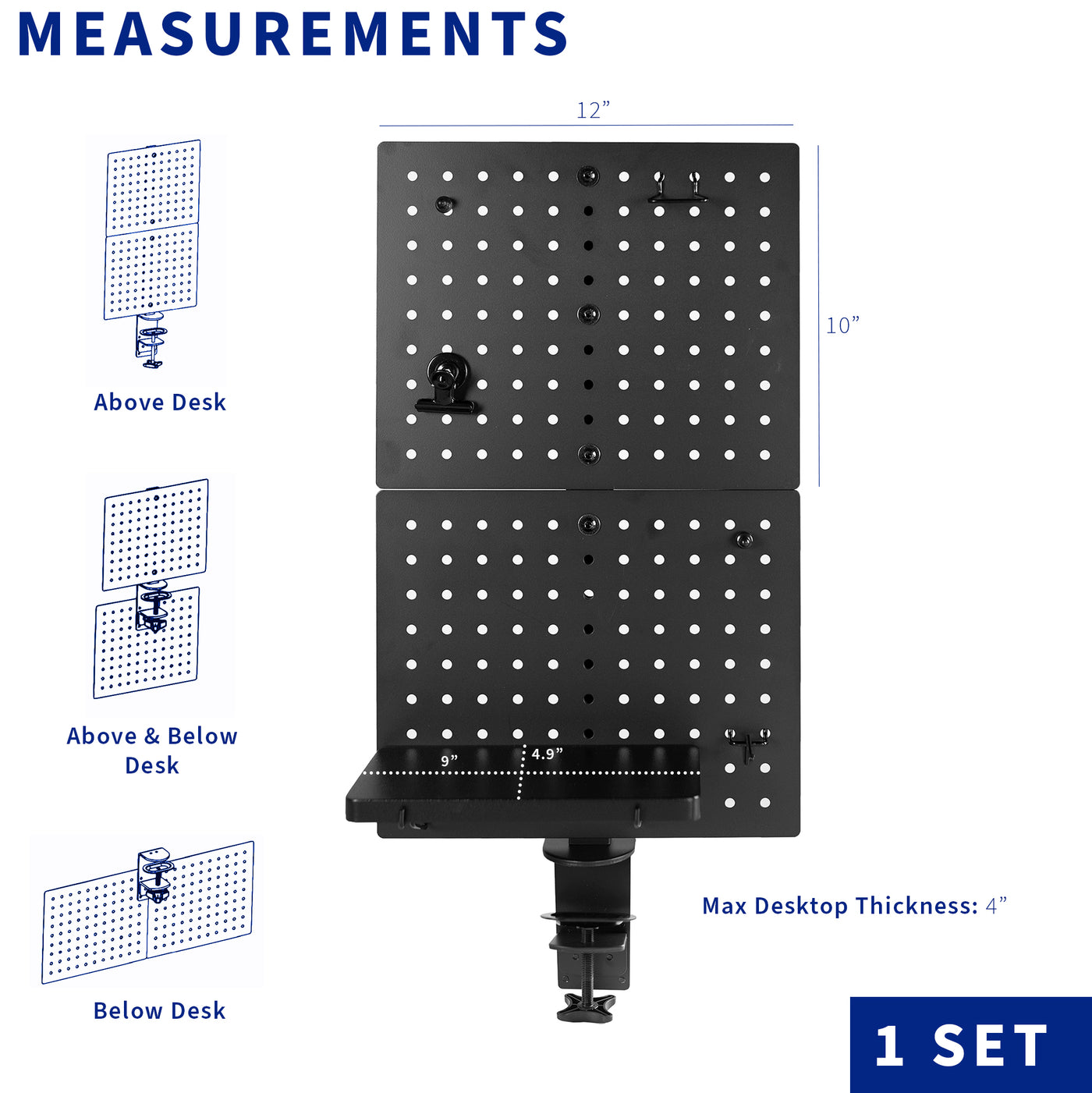 Measurements of above or below desk clamp on panel accessory.