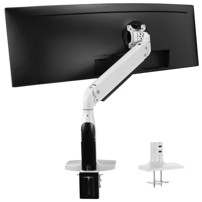 Sturdy height adjustable pneumatic arm single ultrawide monitor ergonomic desk mount for office workstation.