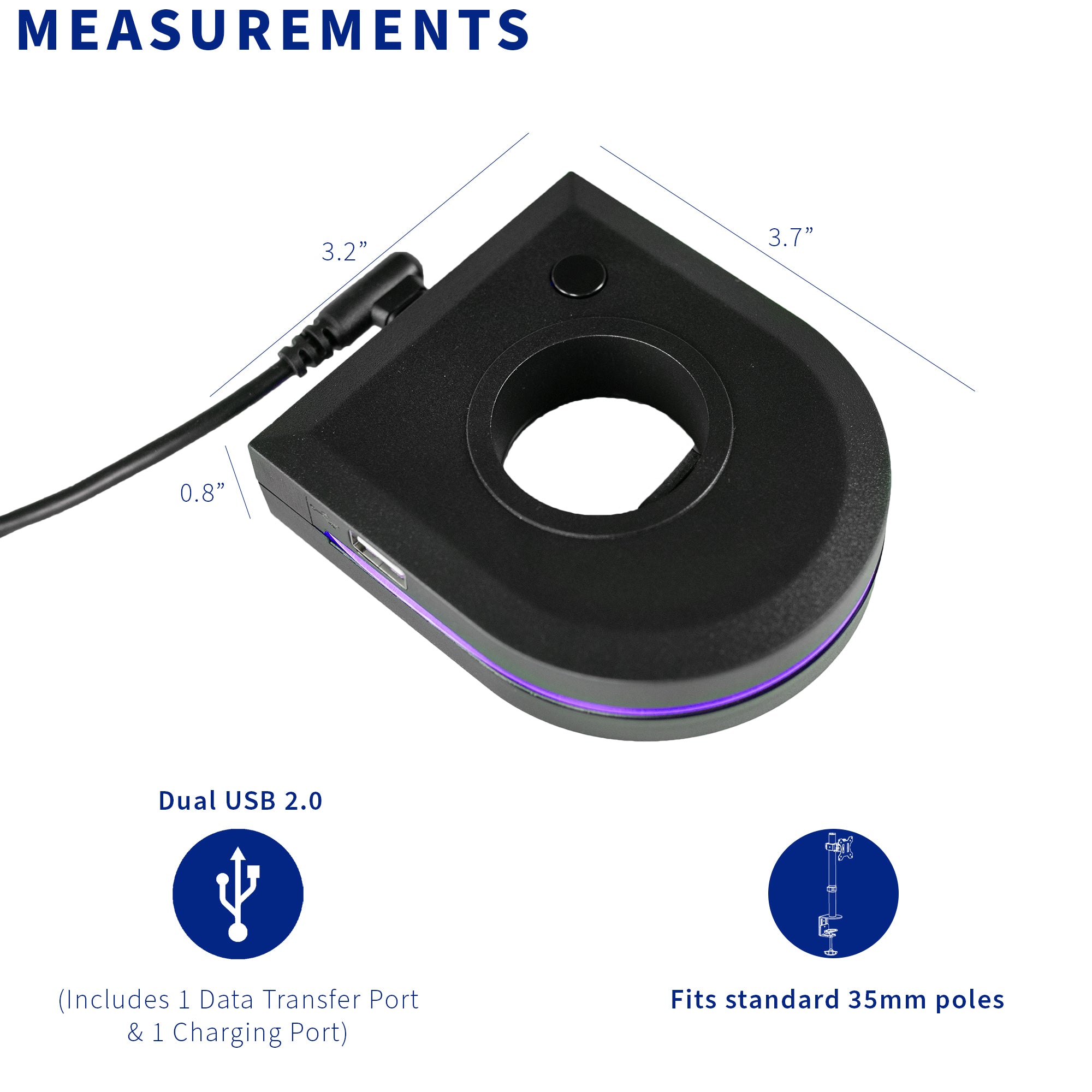 Measurements and compatibility of the USB port monitor mount base.