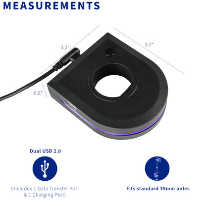 Measurements and compatibility of the USB port monitor mount base.