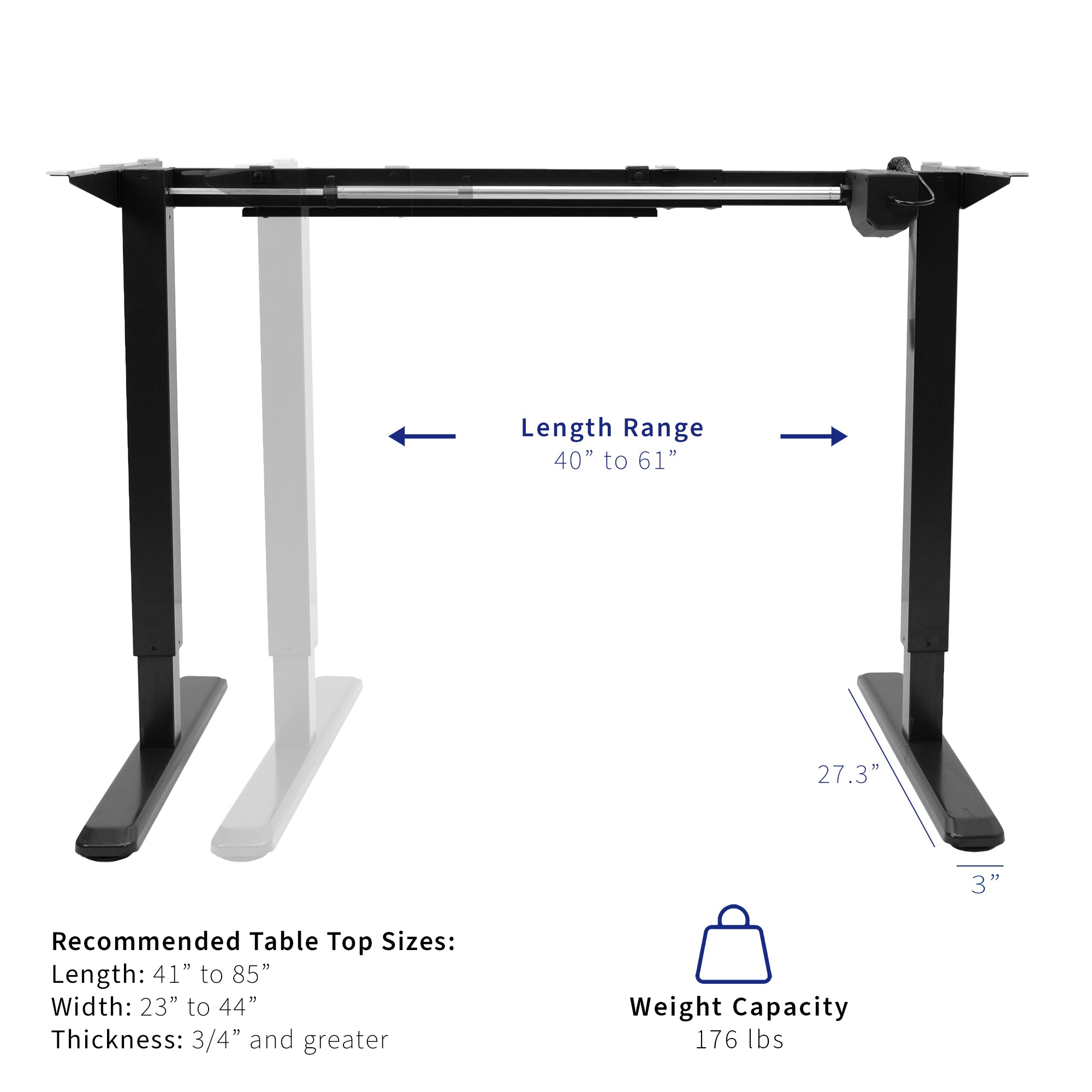 The desk frame has a length range adjustment to best fit your tabletop.