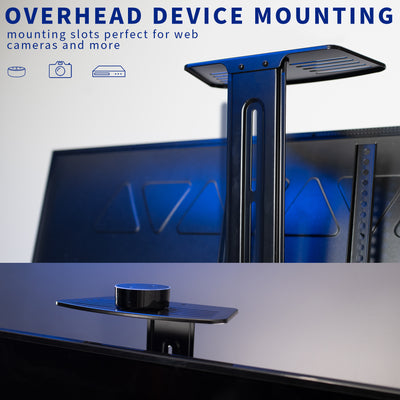 Overhead device mounting for consoles, cameras, and more.
