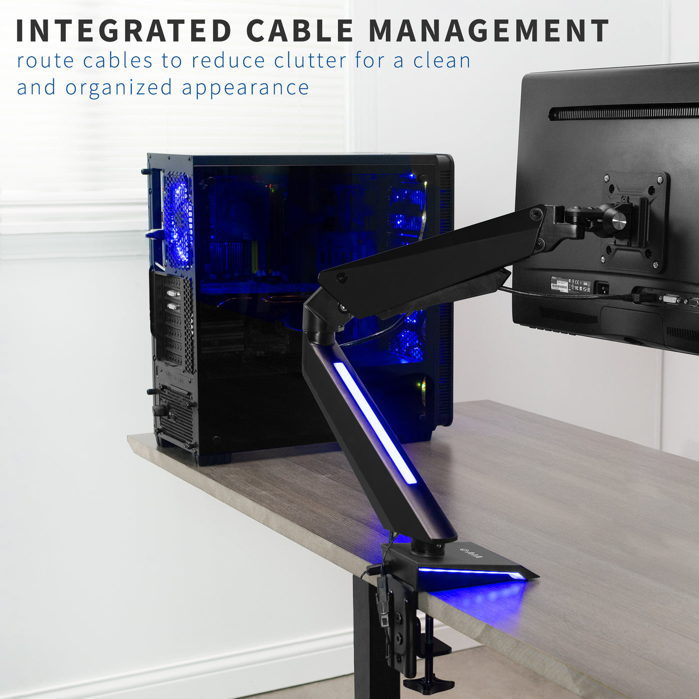 Single Gaming Pneumatic Monitor Arm - Blue LED Lights  cable management