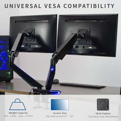 Dual Gaming Pneumatic Monitor Arms - Blue LED Lights with universal vesa compatibility