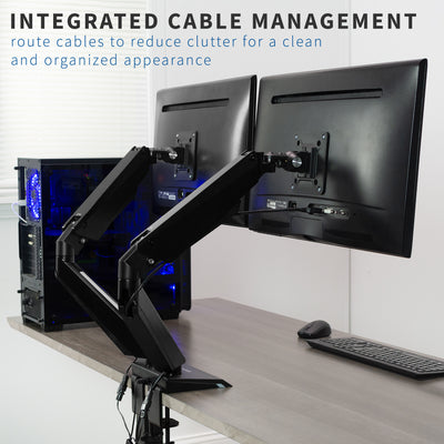 Dual Gaming Pneumatic Monitor Arms - Blue LED Lights integrated cable management