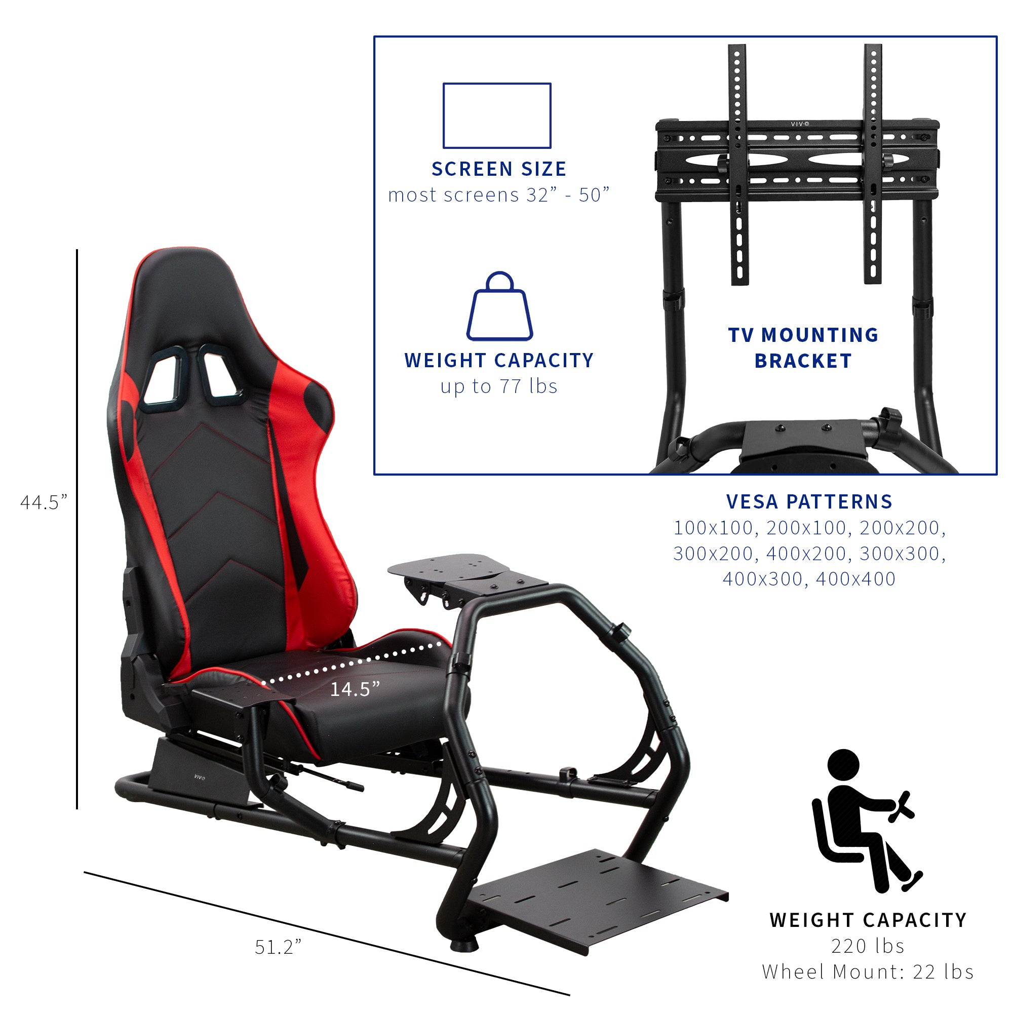 Sturdy TV mounting brackets supporting up to fifty-inch screens and twenty-two-pound wheel mount capacity.