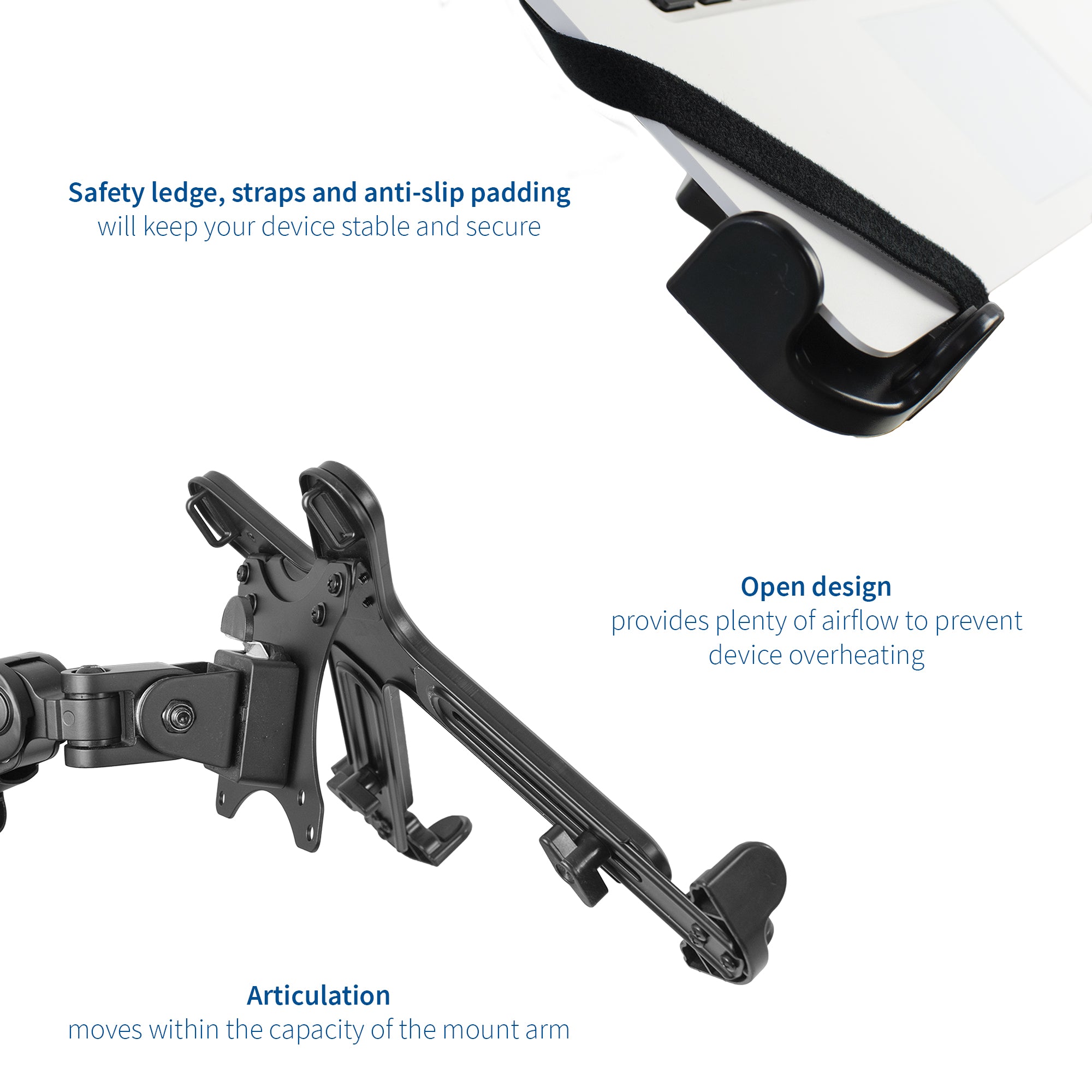 Heavy-duty VESA compatible laptop holder.