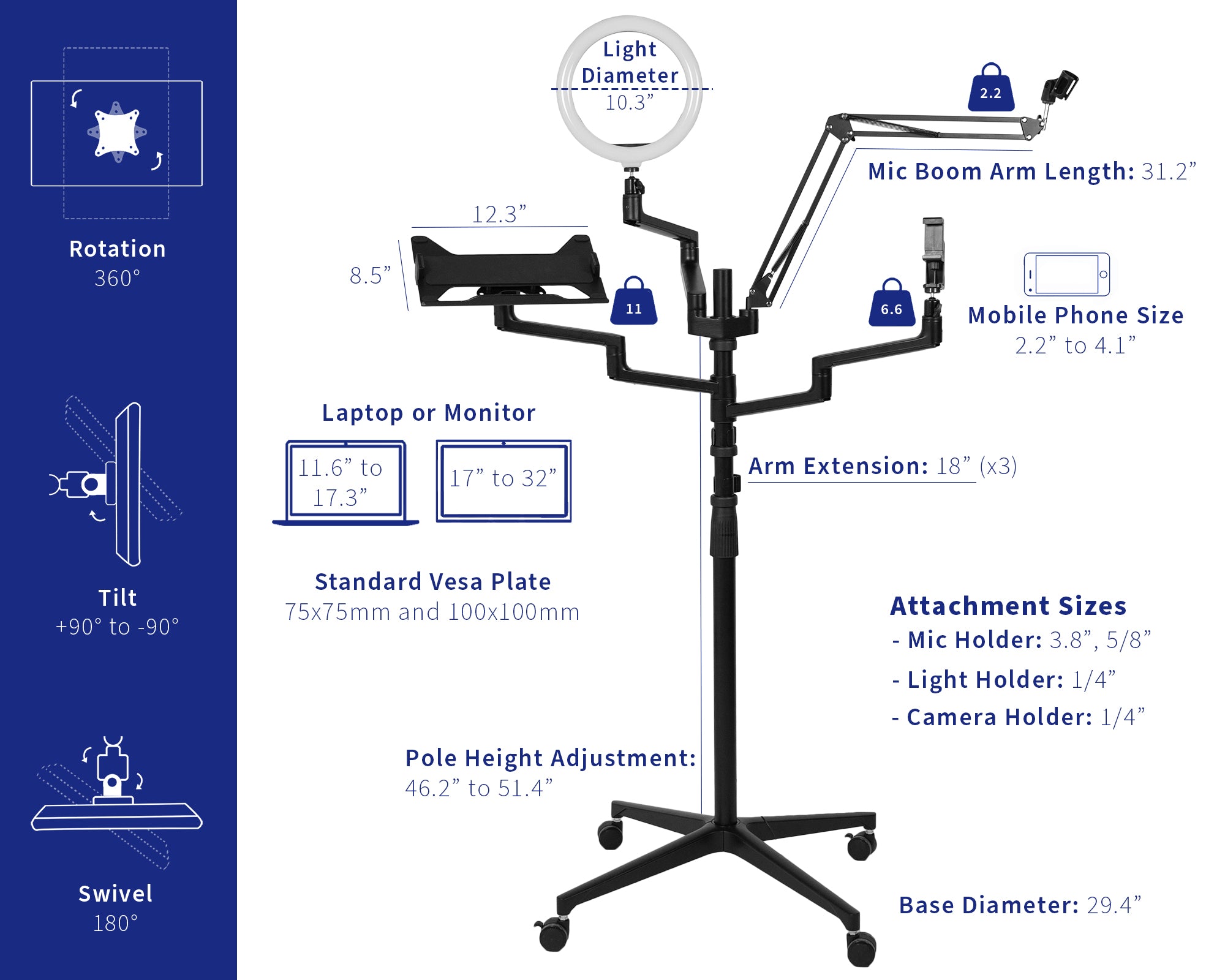 Flexible arms and articulation of stand arms to provide the best and most versatile setups accommodating to your wants and needs.