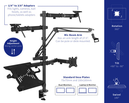 Multi-arm desk mount set up for an office space with full articulation.