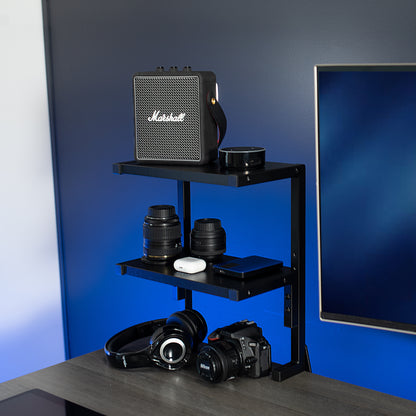 Sleek above desk or below desk clamp-on shelf with two shelves for convenient storage and organization. Lower shelf height adjusts and is removable.