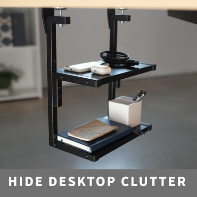 Versatile desk shelves allow for above or below-desk storage options.