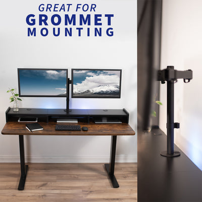 Desktop monitor riser for multiple monitors and comfortable display viewing.