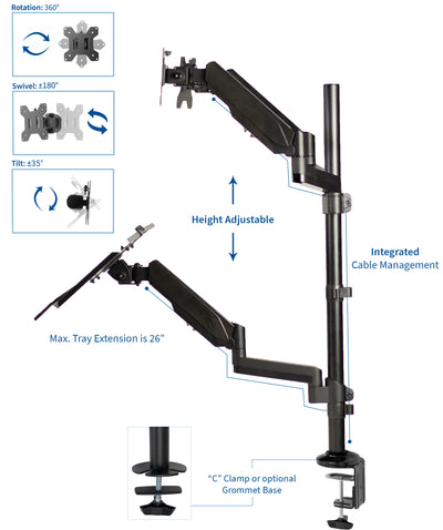 Sturdy ergonomic dual monitor sit to stand wall mount workstation with cable management and height adjustment.