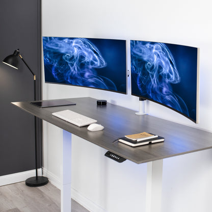 Sturdy adjustable telescoping arms for dual computer monitors.