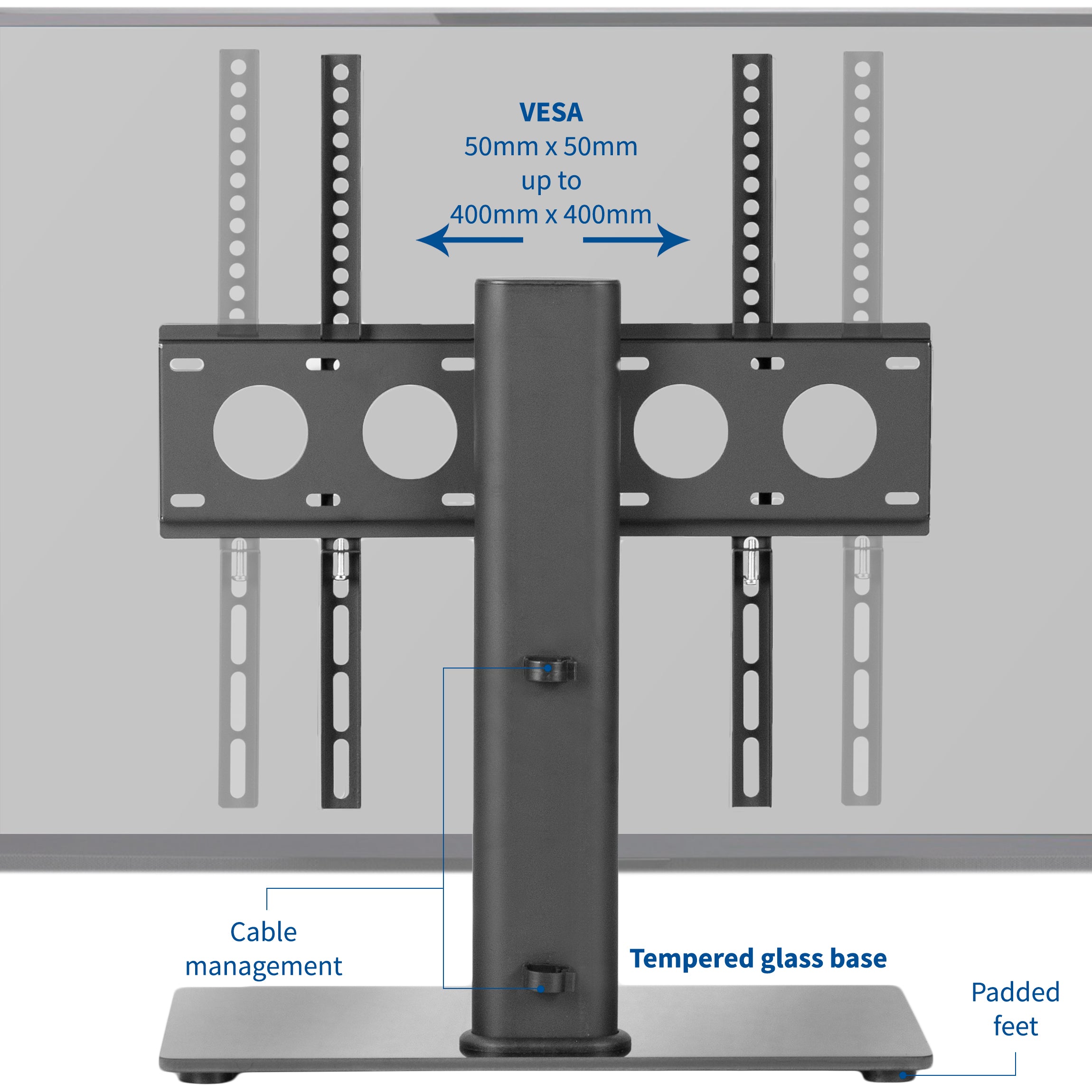 Heavy-duty tabletop TV stand with VESA pattern and cable management.