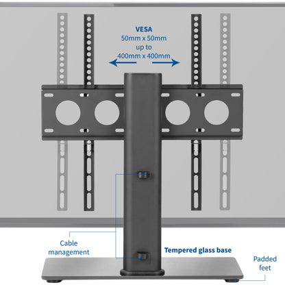 Heavy-duty tabletop TV stand with VESA pattern and cable management.