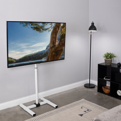 Sturdy height adjustable TV stand with leveling feet.