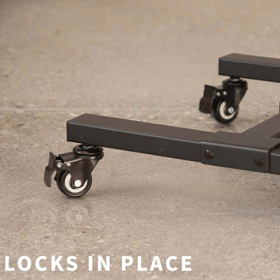 Sturdy mobile height adjustable TV cart with wheel locks.
