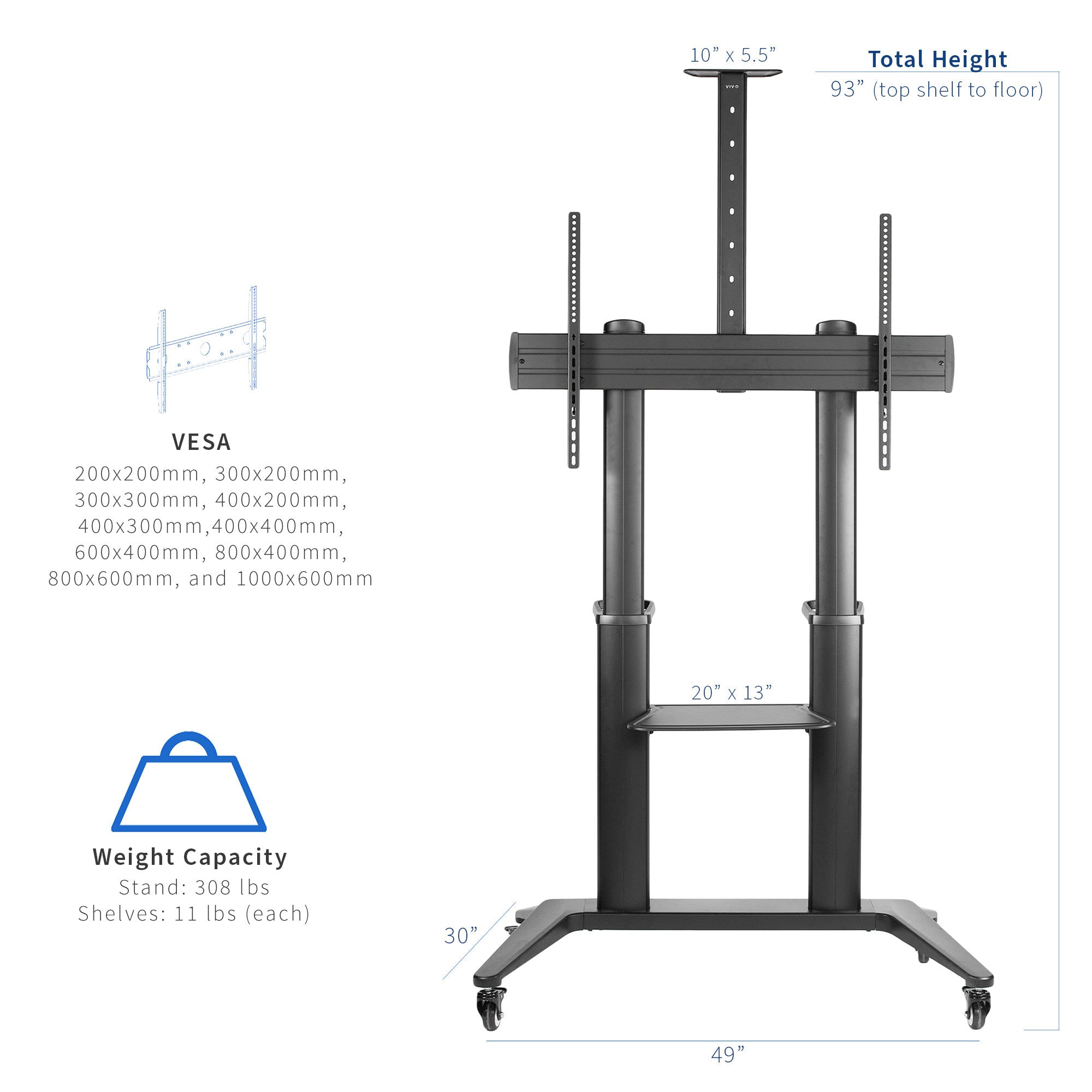 Modern aluminum dual pole frame of a Large screen cart from VIVO.