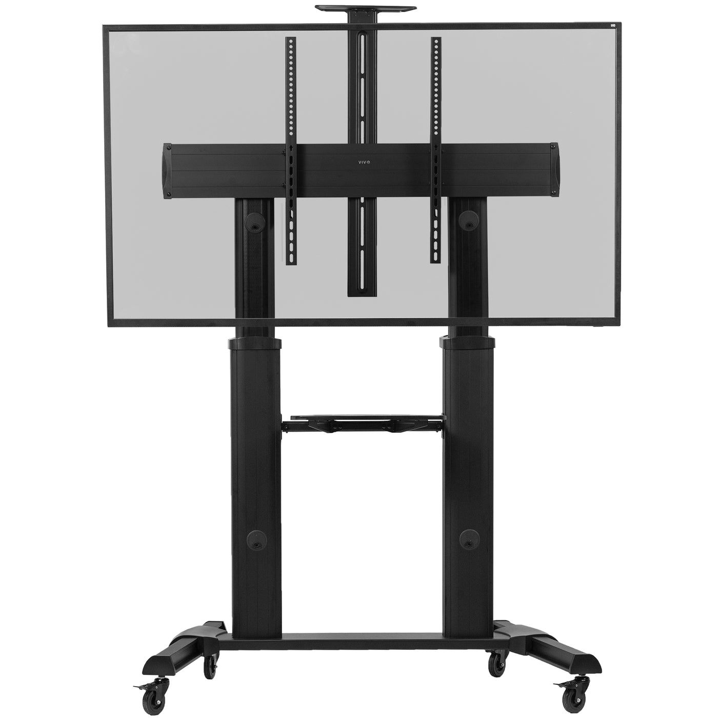 Sturdy mobile height adjustable TV cart with utility shelf and wheels.