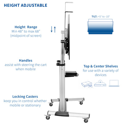 Height adjustable range with locking caster wheels and shelving.