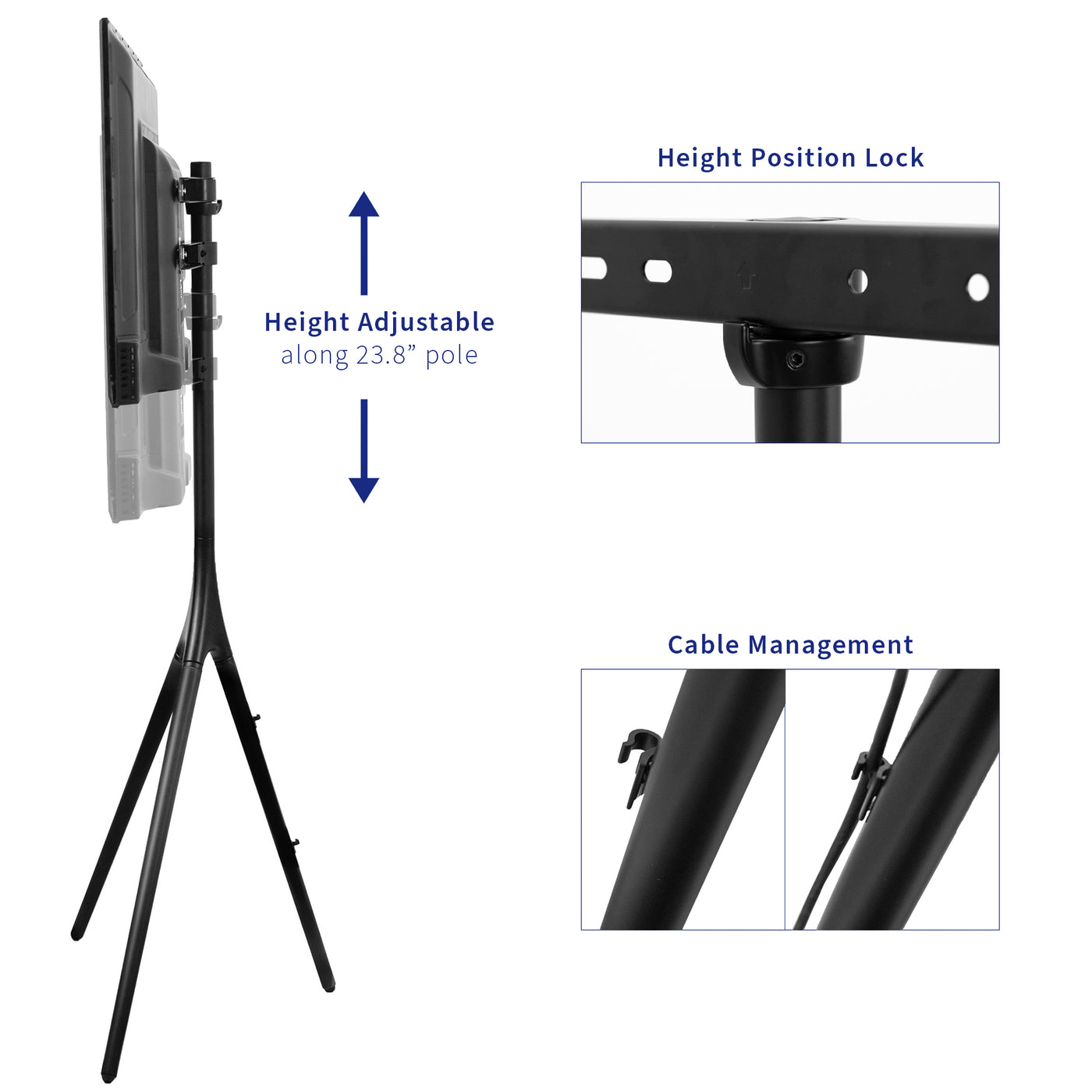 Height adjustable positions that lock in along the back center pole with cable management.