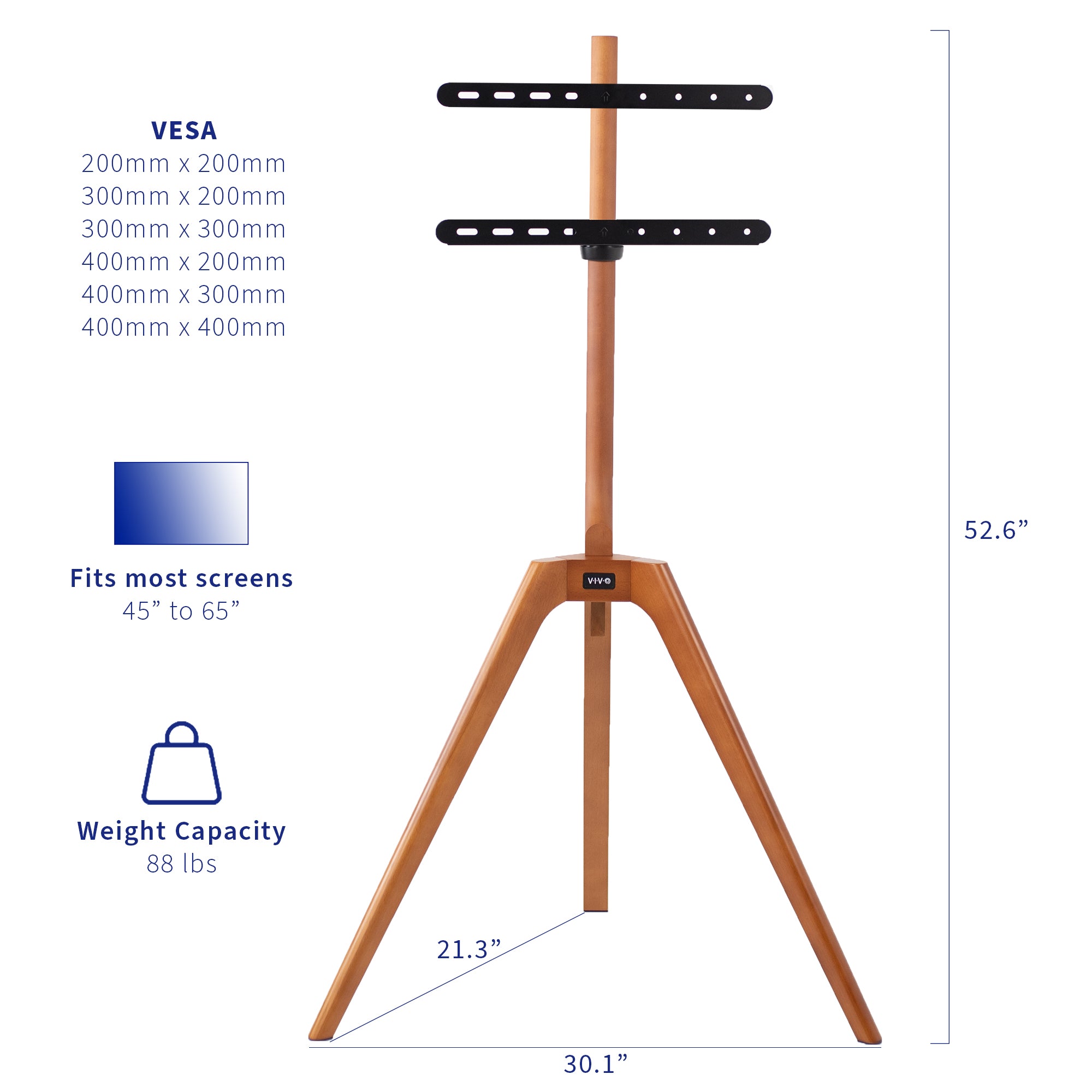 Solid wood TV floor stand with swivel and height adjust.