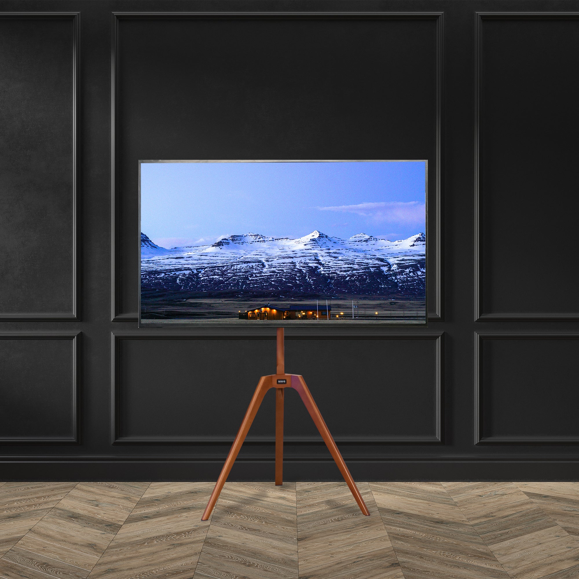 Solid wood TV floor stand with swivel and height adjust.