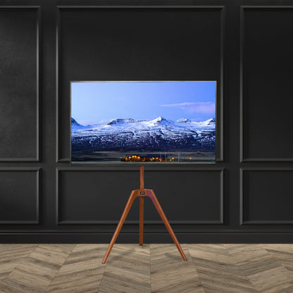 Solid wood TV floor stand with swivel and height adjust.