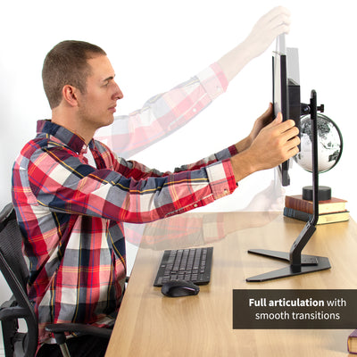 This monitor mount stand offers the option of horizontal or vertical landscape monitor placement.