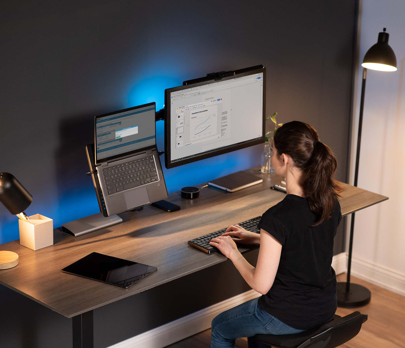 Fully adjustable single computer monitor and laptop desk mount allows you to display your laptop beside your monitor screen for ergonomic placement.