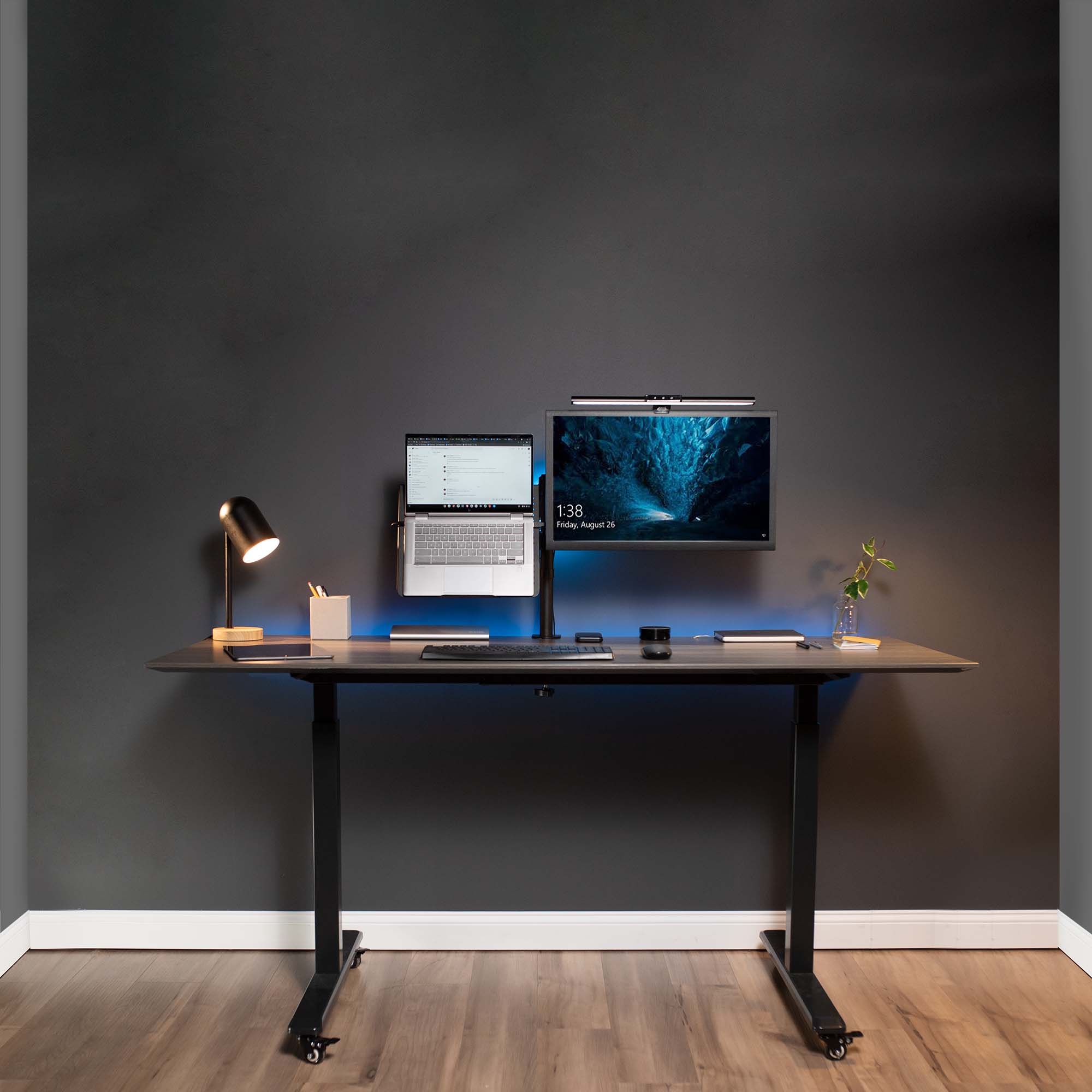 Fully adjustable single computer monitor and laptop desk mount allows you to display your laptop beside your monitor screen for ergonomic placement.