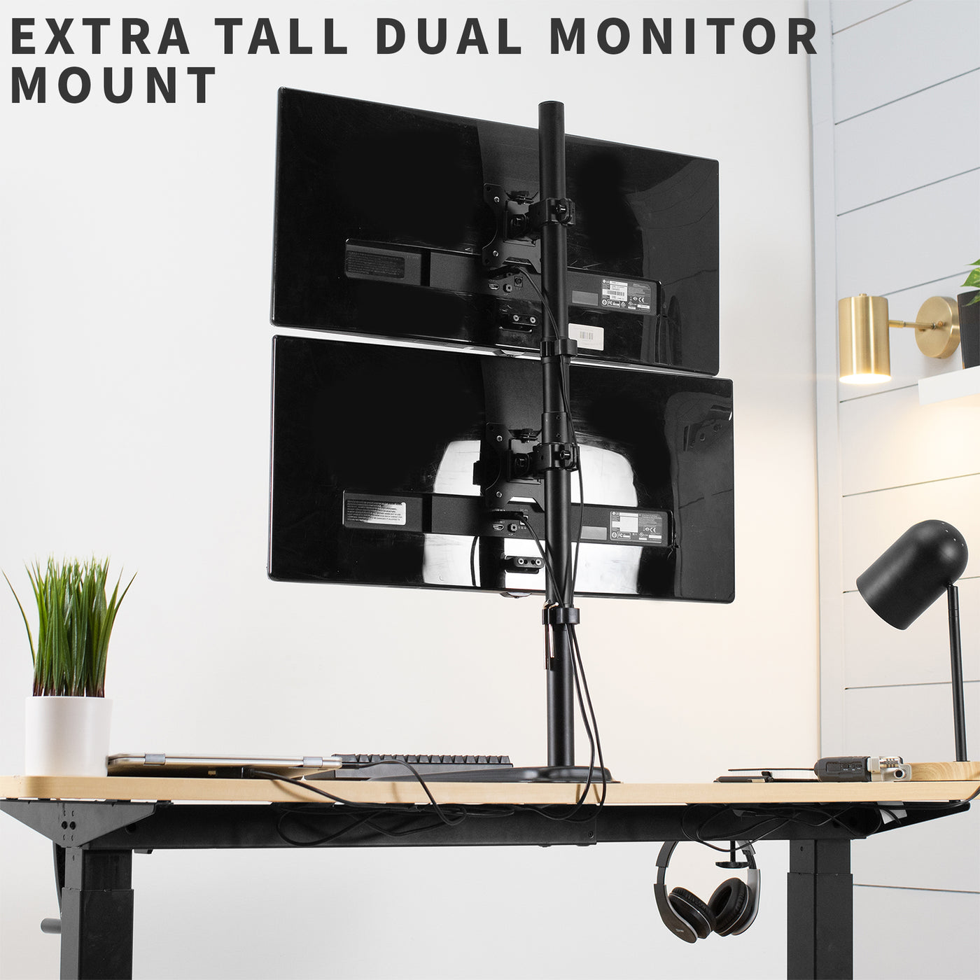 Sturdy dual monitor desk stand for stacked array.