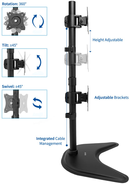 Sturdy adjustable vertical dual monitor ergonomic desk stand for office workstation.