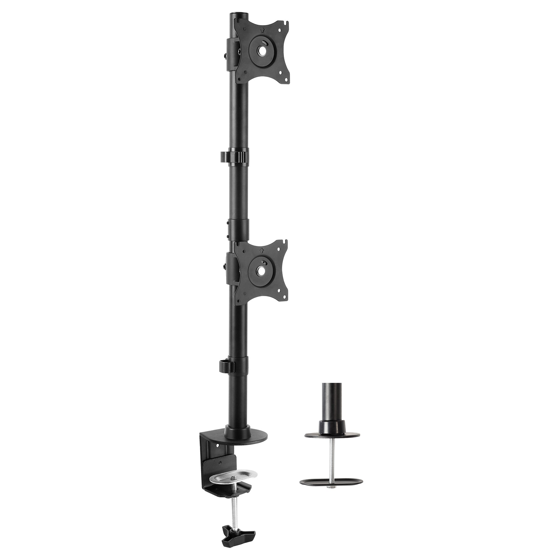 Sturdy adjustable vertical dual monitor ergonomic desk mount for office workstation.