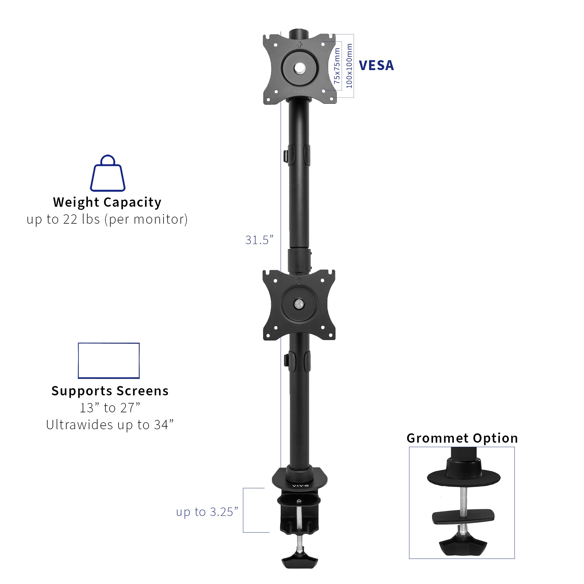 Sturdy adjustable vertical dual monitor ergonomic desk mount for office workstation.